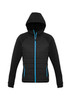 A black puffer jacket with a hood and blue accents, featuring a full zip and fitted design.
