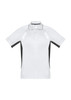 A short sleeve polo shirt in white with black side panels and a collar, featuring a logo.