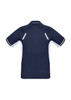 A navy blue short sleeve polo shirt with white accents and reflective details on the back. It features a logo.