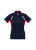 A women's short sleeve polo shirt in navy and red, featuring a logo and contrasting trim.