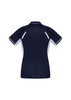 A women's short sleeve polo in navy with white accents and a logo.