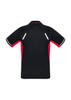 A black and red men's short sleeve polo shirt featuring a logo and reflective details on the back.