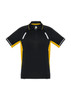 A black and yellow men's short sleeve polo shirt featuring a logo and contrast detailing.