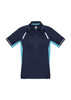 A navy blue short sleeve polo shirt with light blue accents and a logo on the chest.