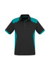 A short sleeve polo shirt in black with teal side panels and a collar. Features a logo on the chest.