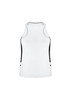 A white women's singlet with black side panels and a logo. The design features a sleeveless style.
