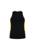 A black women's singlet featuring yellow side panels and a logo. Ideal for activewear and casual outings.