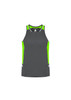 A men's singlet in grey with bright green accents and a logo on the chest. Suitable for sportswear.