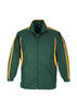 A green and yellow unisex track jacket with a zip front and contrasting side stripes. Features a logo on the left side.