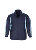 A track jacket in navy blue with light blue stripes, featuring a zip front and a collar. It has a logo on the chest.