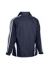 A navy blue track jacket with white stripes on the sides and a logo on the back.