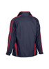 A navy blue jacket with red stripes on the sides and sleeves, featuring a logo on the back.