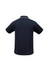 A dark navy men's polo shirt with short sleeves and a collar, featuring a subtle texture and branded logo.