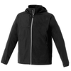 A lightweight men's jacket in black with a hood, featuring zippered pockets and a branding logo.