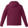 A maroon lightweight jacket with a hood and reflective detailing on the back. It features a logo on the design.