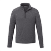 A dark grey quarter zip jacket with long sleeves and a collar, featuring a small logo on the chest.