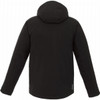 A black insulated softshell jacket for men, featuring a hood and a sleek design with a logo.