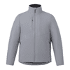 A grey packable insulated puffer jacket for men with zippered pockets and a high collar. It features branding on the sleeve.