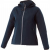 A lightweight women's jacket in navy blue with a hood and zippered front, featuring pockets and a logo.