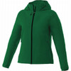 A green lightweight women's jacket with a hood and zippered front, featuring side pockets and a logo.