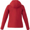 A red lightweight women's jacket with a hood and long sleeves, featuring a logo on the back.