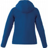 A women's lightweight jacket in a bright blue colour, featuring a hood and padded design. It has a logo on the back.