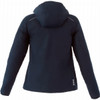 A navy lightweight women's jacket with a hood, featuring long sleeves and a sleek design. It has a logo on it.