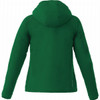 A green lightweight jacket for women with a hood and long sleeves, featuring a logo.