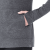 A dark grey women's hoody featuring a front pocket and long sleeves, with branding on the hem.