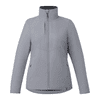 A grey insulated puffer jacket for women, featuring a high collar, zip closure, and side pockets. It has a logo.