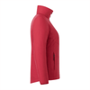 A women's insulated puffer jacket in red, featuring a high collar and side pockets, with a logo on the side.