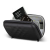 A black travel pouch with a zipped closure, featuring a passport and other documents inside. It has a logo.