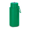 A drink bottle in a vibrant green colour with a secure lid and a carrying strap. It features a logo.