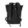 A black canvas backpack with two adjustable straps and a logo tag. The design features a spacious, minimalist style.