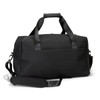 A black soft-touch duffle bag with dual handles and a removable shoulder strap. It features a logo.