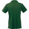 A green women's polo shirt with a classic short sleeve design and a collar, featuring a branding logo.