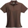 A brown women's polo shirt with a collared neckline and three buttons, featuring a small logo.