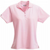 A pink women's short sleeve polo shirt with a collar and a button placket, featuring a logo on one side.