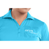 A women's short sleeve polo shirt in a vibrant blue colour, featuring a logo on the chest.