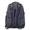 A grey and navy backpack featuring padded shoulder straps and a logo, designed for comfort and functionality.