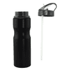 A drink bottle in matte black aluminium with a detachable lid and straw. Features a logo.