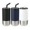 A drink bottle set featuring three tumblers in black, navy blue, and white with stainless steel bottoms and straws.