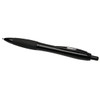 A recycled black pen featuring a sleek design and a comfortable grip, with a logo on its side.