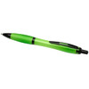 A green pen with black accents and a clear barrel, featuring a logo on its side.