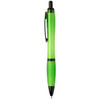 A green recycled pen with a black clip and accents, featuring a sleek design and branding logo.