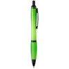 A green pen with a black clip and tip, featuring a logo on the barrel.