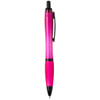 A pink pen with a black tip and clip, featuring a logo on its barrel.