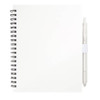 A white recycled journal with a spiral binding and a transparent pen attached.
