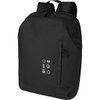 A black anti-theft backpack with a sleek design, featuring a zip pocket and subtle logo details.