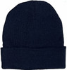 A navy beanie hat with a rolled cuff, made from rPET material, featuring a logo on the side.